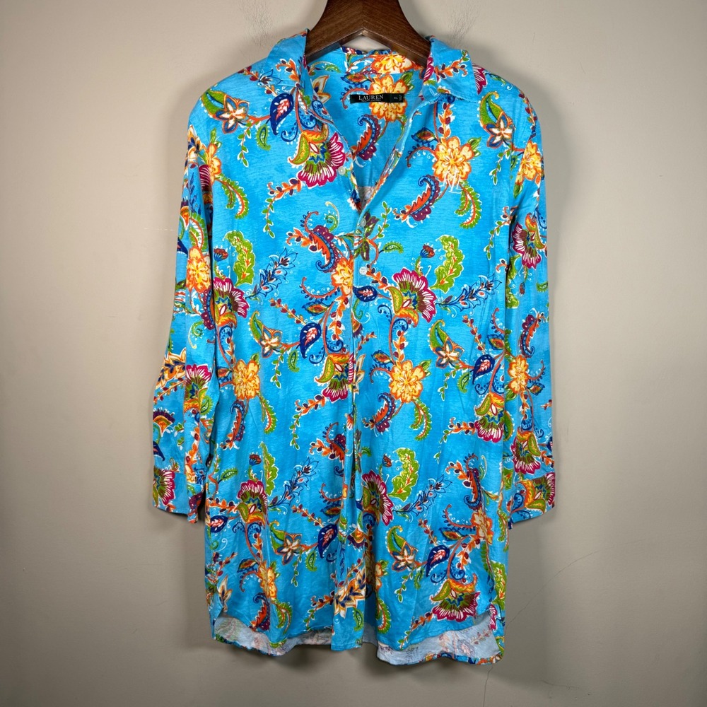 Lauren Ralph Lauren Blue Floral Long Sleeve Button Down Night/Sleep Shirt XL